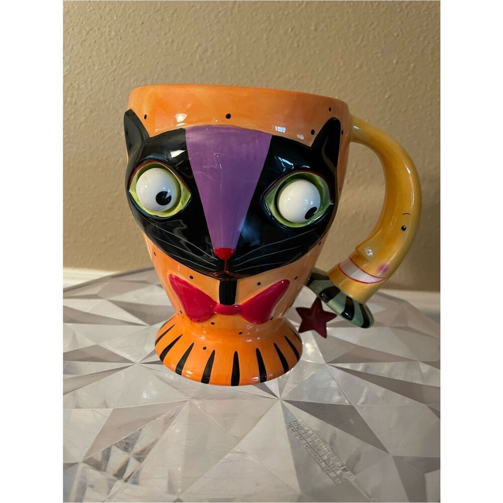 Dept 56 Vintage Large Cat Halloween Mug Goggle Eyes Moon Handle Star Emblem